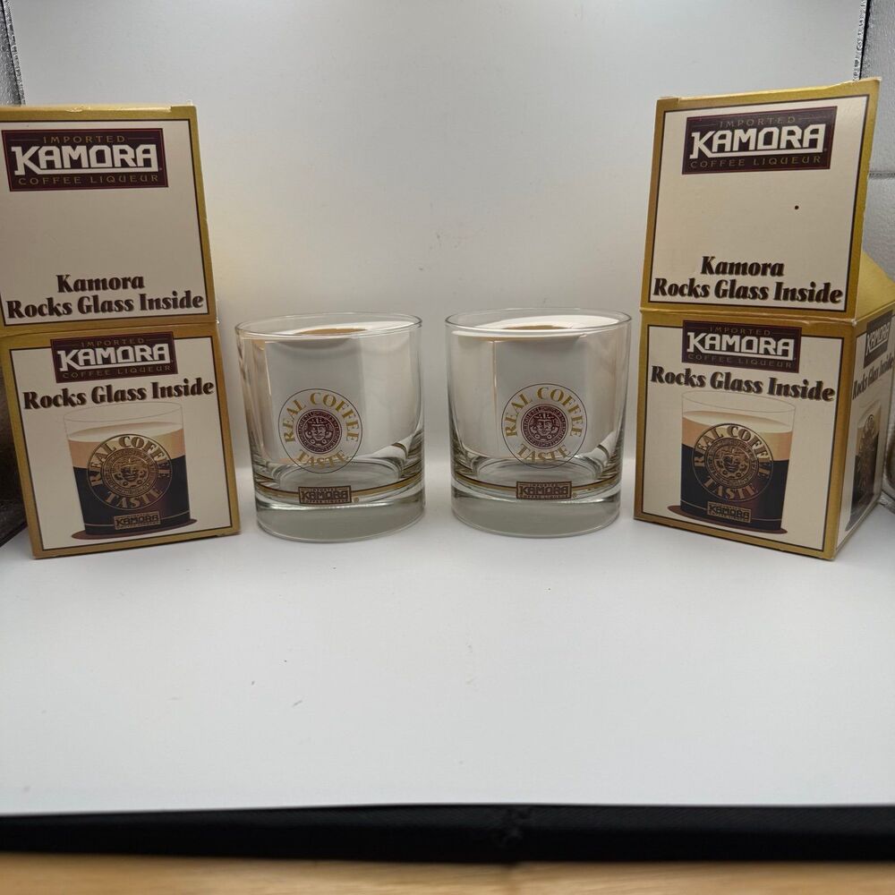 Vintage MCM Kamora Coffee Liqueur Rocks Glass In Box Set of 2 New Old Stock